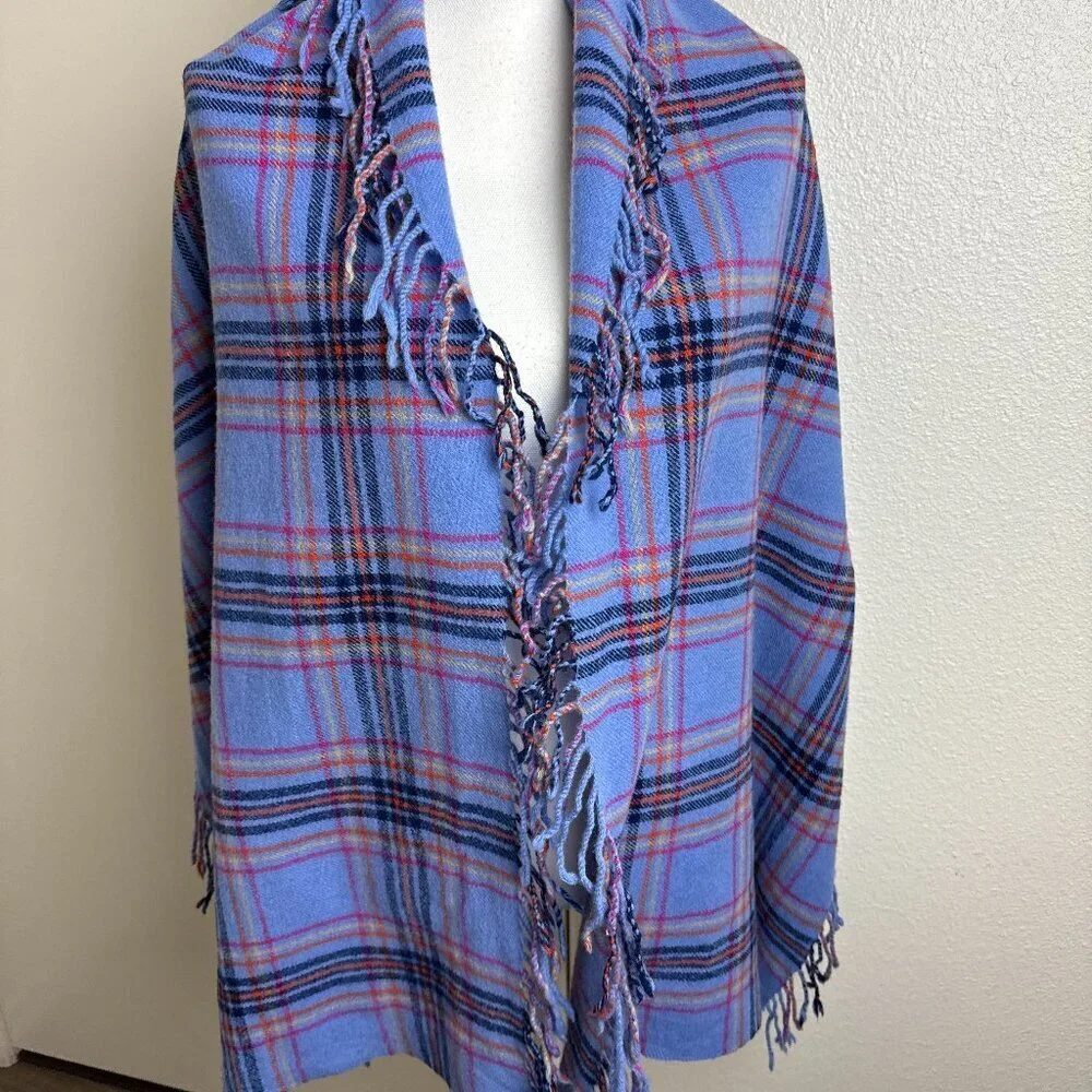 Talbots Winter 100% Wool Scarf  Plaid Fringe 62 x 19 Rectangle Shawl Wrap Soft